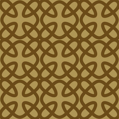 Vector geometric seamless pattern with medieval motifs. Abstract ornament texture in gothic style. Simple golden background with cross shapes, floral silhouettes, grid. Repeatable old fashioned design