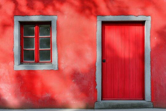A striking red house with symmetrical window and door designs basks in sunlight, casting dramatic shadows on its wall.