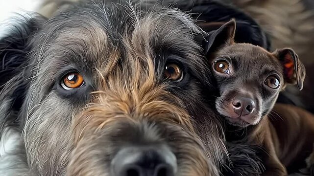 An Irish Wolfhound enjoys a quiet moment with a Chihuahua nestled close by. Their friendship showcases the charm of different dog breeds sharing warmth and affection indoors.