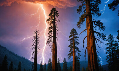 A powerful lightning bolt strikes the sky over a forest of tall pine trees during a summer thunderstorm