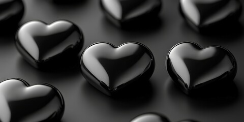 Fototapeta premium A cluster of glossy black heart shapes, reflecting light with a deep, rich shine, arranged in a symmetrical pattern on a smooth, dark background.