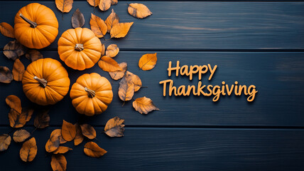 text "Happy Thanksgiving" with pumpkins and autumn leaves over dark wood background. Mockup, backdrop for Thanksgiving.