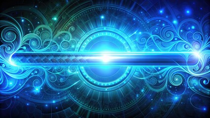 Fototapeta premium A stylized, futuristic progress bar fills with vibrant blue light as a series of mystical, swirling patterns and codes rush by, signifying loading and processing.
