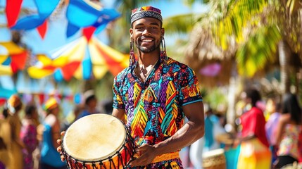 A man in a traditional Mauritian sega costume, standing in front of a vibrant coastal festival with colorful decorations