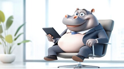 Business Hippo in Office Holding Tablet Device