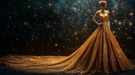 Shimmering gold dress on a mannequin, symbol of fashion and elegance, gold dress, realistic