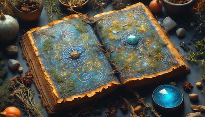 A mystical ancient spellbook lies open on a table surrounded by natural elements and enchanting crystals in a dimly lit setting