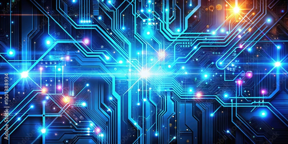 Poster abstract technology background with circuit patterns and blue light effects for digital design proje