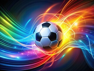 Obraz premium A stylized illustration of a soccer ball in motion, surrounded by dynamic swirls and lines, conveying speed, energy, and excitement in a vibrant color scheme.