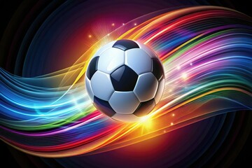 Obraz premium A stylized illustration of a soccer ball with vibrant stripes and panels, surrounded by dynamic swooshes and curved lines, conveying energy and movement.
