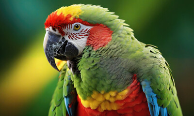 Fototapeta premium A colorful parrot with a red, yellow, and green plumage looks intently at the camera