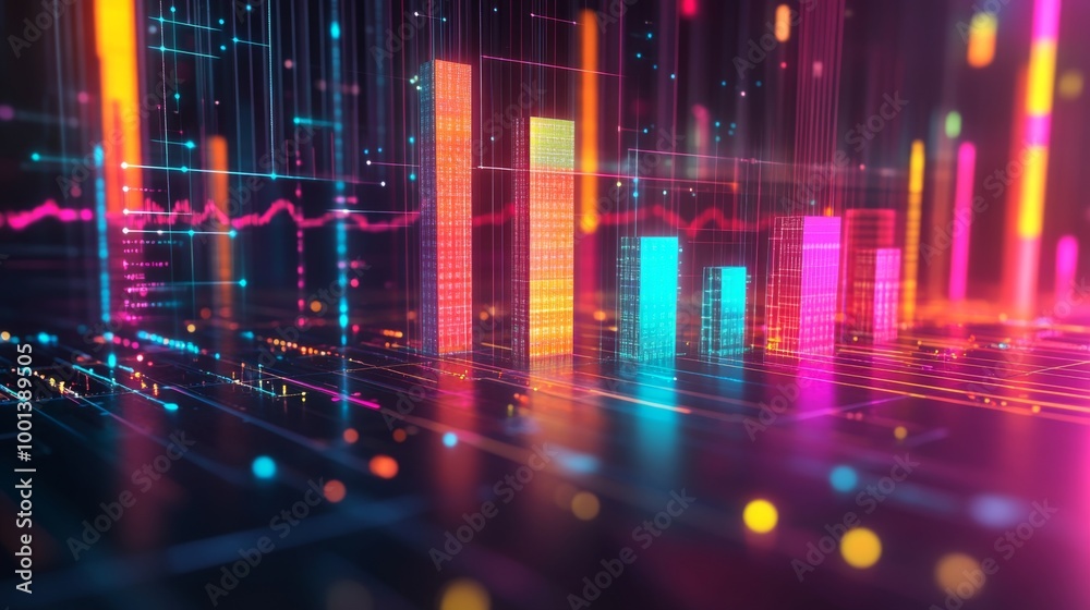 Poster a dynamic 3d bar graph with glowing neon bars, showing data comparison in a high-tech setting with g