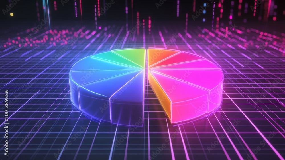 Aufkleber A dynamic 3D pie chart with glowing neon-colored slices, separated to emphasize individual data points, set against a digital grid background.