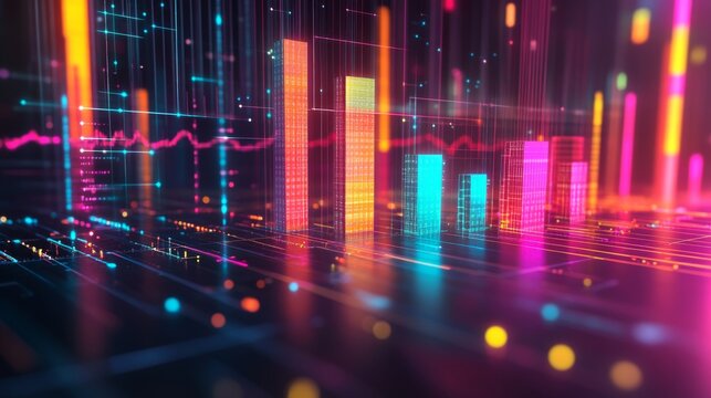 A dynamic 3D bar graph with glowing neon bars, showing data comparison in a high-tech setting with grid lines and axis markers.