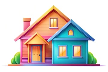 A stylized, modern illustration of a home icon in a bright, bold color scheme, set against a clean white background with subtle gradient shading.
