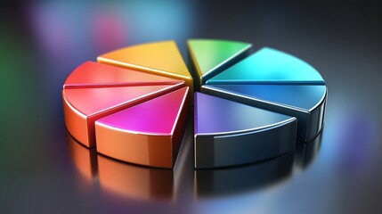 Obraz premium A dynamic 3D pie chart with metallic segments, arranged on a reflective surface, representing financial data and business performance