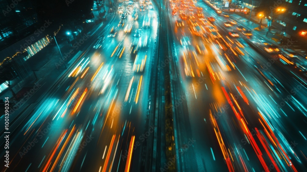 Aufkleber a dynamic aerial view of a busy expressway during rush hour, showcasing streams of headlights and ta