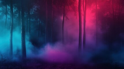 Dark, fog-filled forest with a striking contrast of vibrant colors illuminating the mist