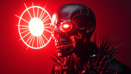 A red, glowing skull with sun rays - skull, red light, black background, glowing eyes, spikes, futuristic, horror, dark, cyberpunk, neon, eerie, intimidating, abstract, macabre, digital art