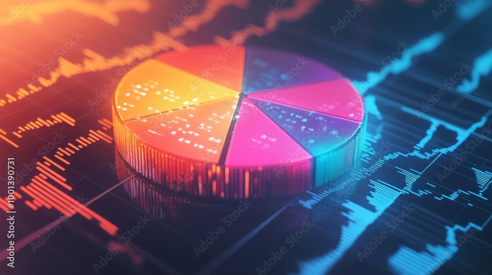 Fototapete A dynamic financial pie chart with bright, segmented slices showing business income allocation, overlaid on a blurred stock market graph for a high-tech feel.