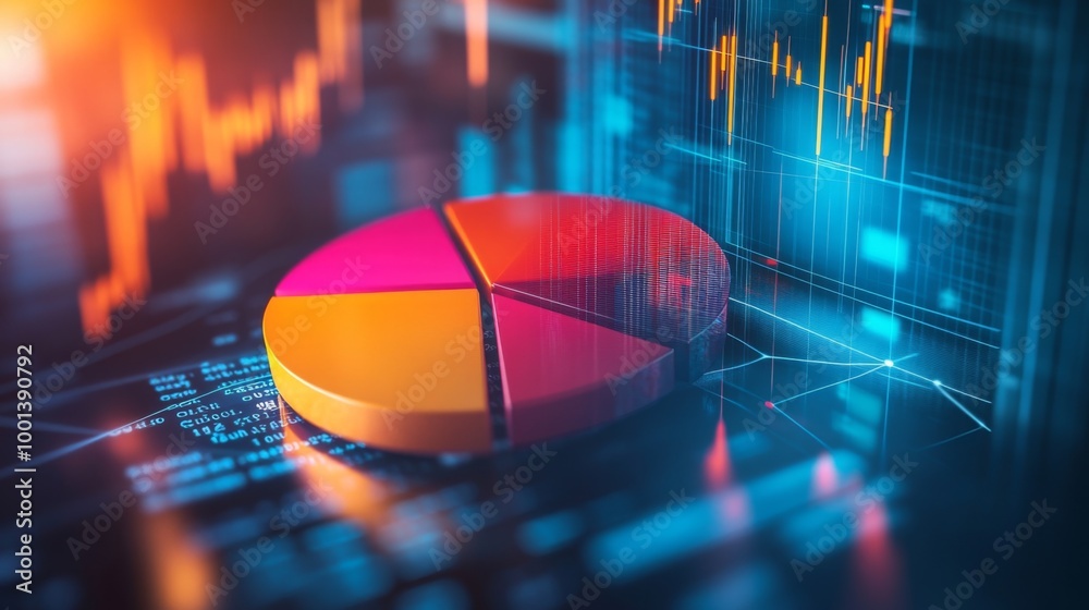 Fototapete a dynamic financial pie chart with bright, segmented slices showing business income allocation, over