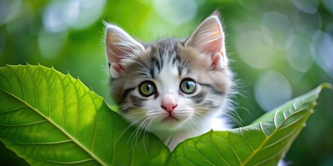 a tiny, curious grey and white kitten with bright green eyes and soft, downy fur, peeking out from behind a leaf.