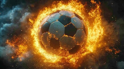 A soccer ball engulfed in flames, radiating heat and intensity, a fiery spectacle of passion and determination.