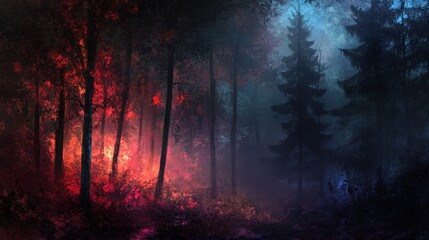 Dark forest veiled in fog, showcasing a beautiful interplay of rich, colorful light