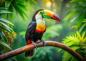 Obraz premium A vibrant, colorful toucan perches on a rainforest branch, its oversized beak and bright plumage shining against a lush green background in warm, natural light.