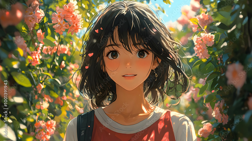 Poster Smiling Anime Girl in a Garden with Pink Flowers