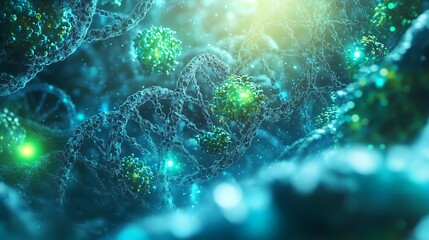 Abstract representation of DNA strands and virus particles.