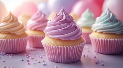 A delicate pink cupcake with swirls of frosting and colorful sprinkles sits on a table with other cupcakes and scattered sprinkles.