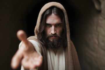 Fototapeta premium A dramatic portrayal of a man in a hooded robe, extending his hand forward, evoking themes of hope, spirituality, and connection.