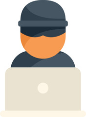 Hacker wearing a black hat is using a laptop to steal information