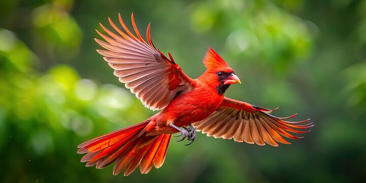A vibrant red cardinal in mid-air, wings outstretched, feathers ruffled, and tail feathers streaming behind, soaring above a blurred green forest background.