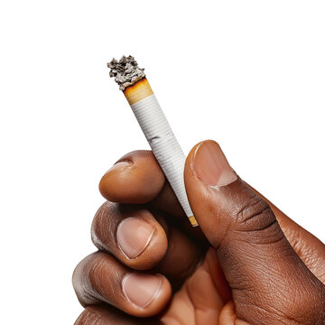 A close-up of a hand holding a lit cigarette against a dark background, highlighting the glowing ember and smoke.