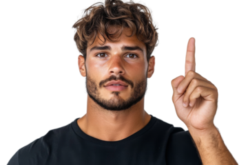 A man with a beard and a mustache is pointing up with his hand. on transparent background png