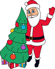 Santa Claus with a Christmas tree in outline. Cartoon Santa hugs a decorated Christmas tree and waves his hand, there are presents under the tree.