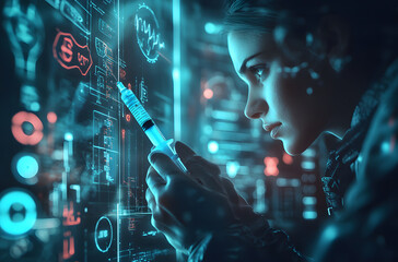  Futuristic Medical Scientist with Syringe in a Digital Laboratory