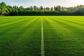 Obraz premium A vibrant, well-maintained soccer field with lush green grass and marked lines under a clear sky, surrounded by trees in the background.