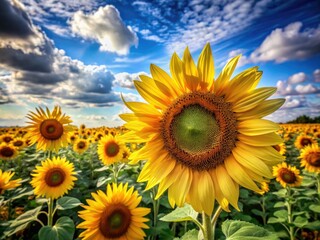 Obraz premium A vibrant yellow sunflower field sways gently in the breeze, with tall, statuesque blooms stretching towards a bright blue sky with wispy white clouds.