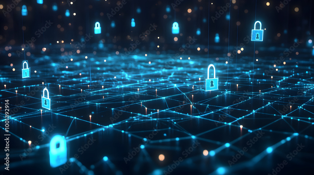 Wall mural digital illustration of cybersecurity network internet system web data centre protection padlock sym
