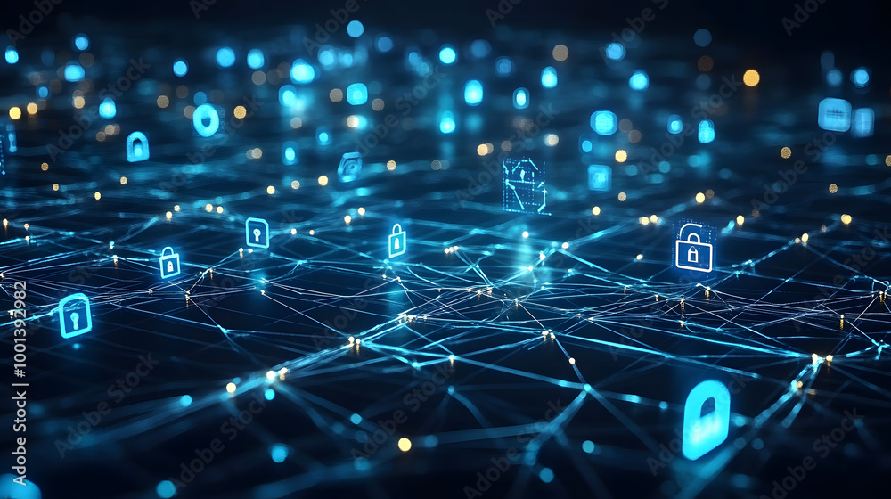 Wall mural digital illustration of cybersecurity network internet system web data centre protection padlock sym