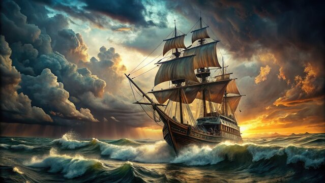 A vintage-style illustration depicts a majestic pirate vessel with billowing sails, intricate rigging, and a menacing hull, set against a dramatic stormy sea backdrop.