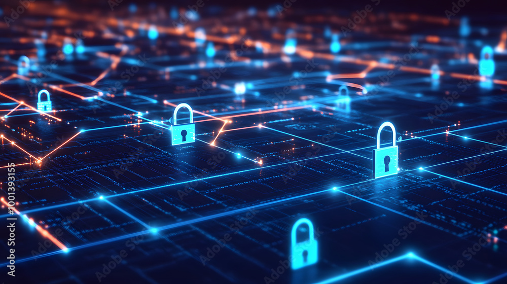 Poster digital illustration of cybersecurity network internet system web data centre protection padlock sym