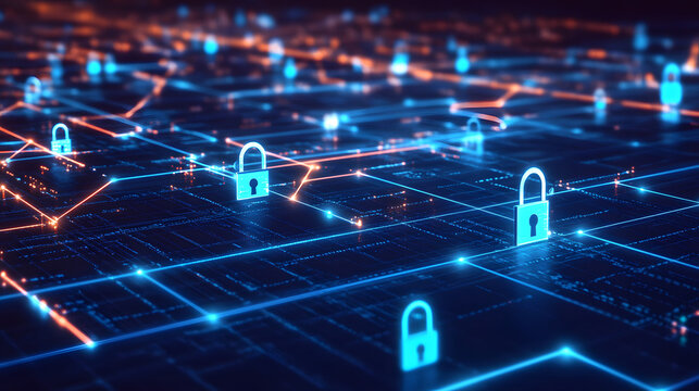 digital illustration of cybersecurity network internet system web data centre protection padlock symbol neon lights. Science technology circuit abstract business finance cyber security hacker hack