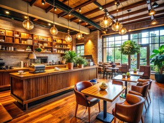 A warm and inviting coffee shop interior with rich wood tones, comfortable seating, and a vibrant atmosphere, filled with the aroma of freshly brewed coffee.