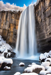A high waterfall in long exposure with sunshine in winter