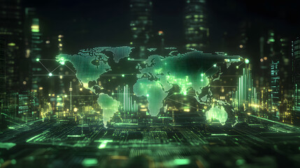 Fototapeta premium Black background with green finance graph and investment bar, showcasing growth and success in the market with technology currency reports chart. Business stock world economy AI computer map