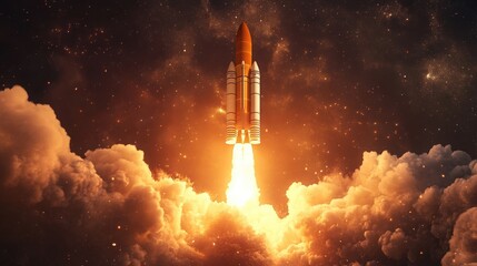 Detailed 3D illustration of a space rocket launch, capturing the powerful ascent with fiery exhaust and surrounding smoke